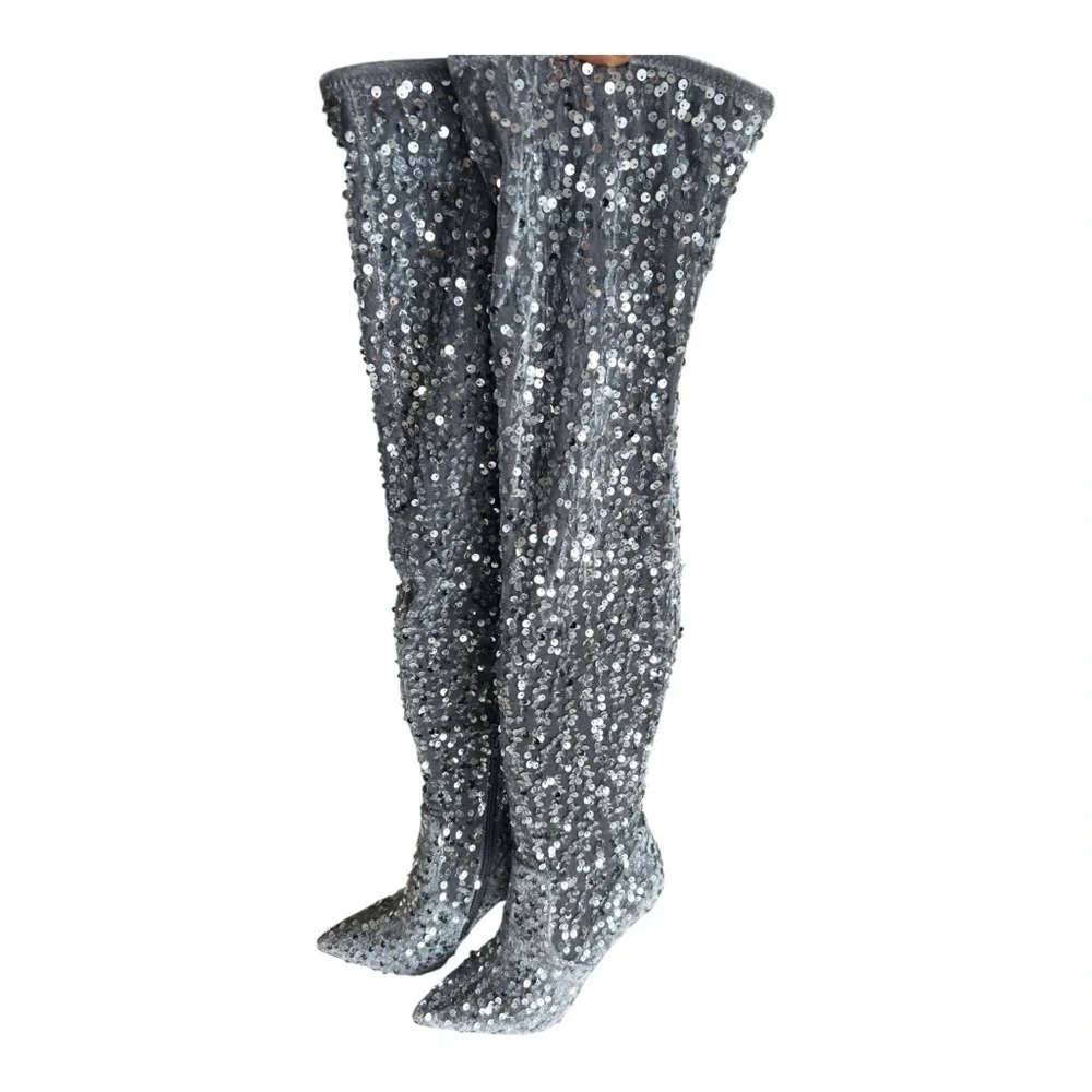 Steve Madden Vivee Silver Sequined Evening Over The Knee-High Boots Size 5M